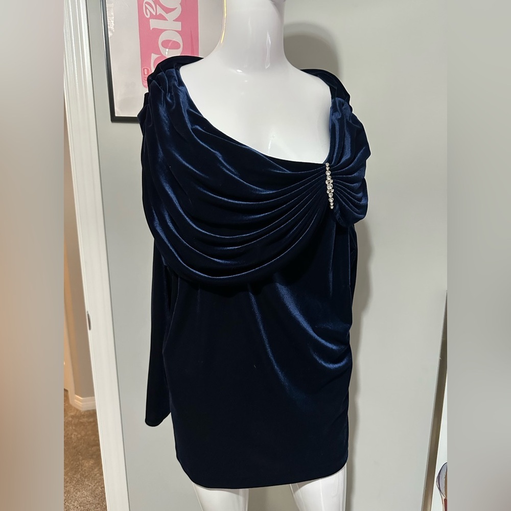 Laura Plus Petites Navy Velvet Draped Top with Rhinestone Detail – New - Picture 2 of 7